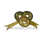 3 golden I Ching Coins tied with gold ribbon